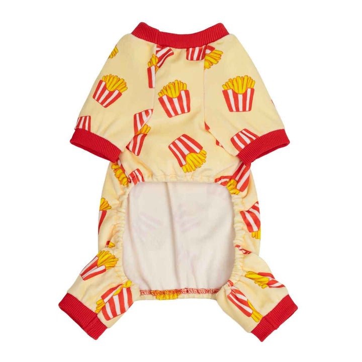 Small dog onesie in a pale yellow color, printed with a red and white striped french fries pattern, featuring red ribbed cuffs and collar, and a white fleece lining