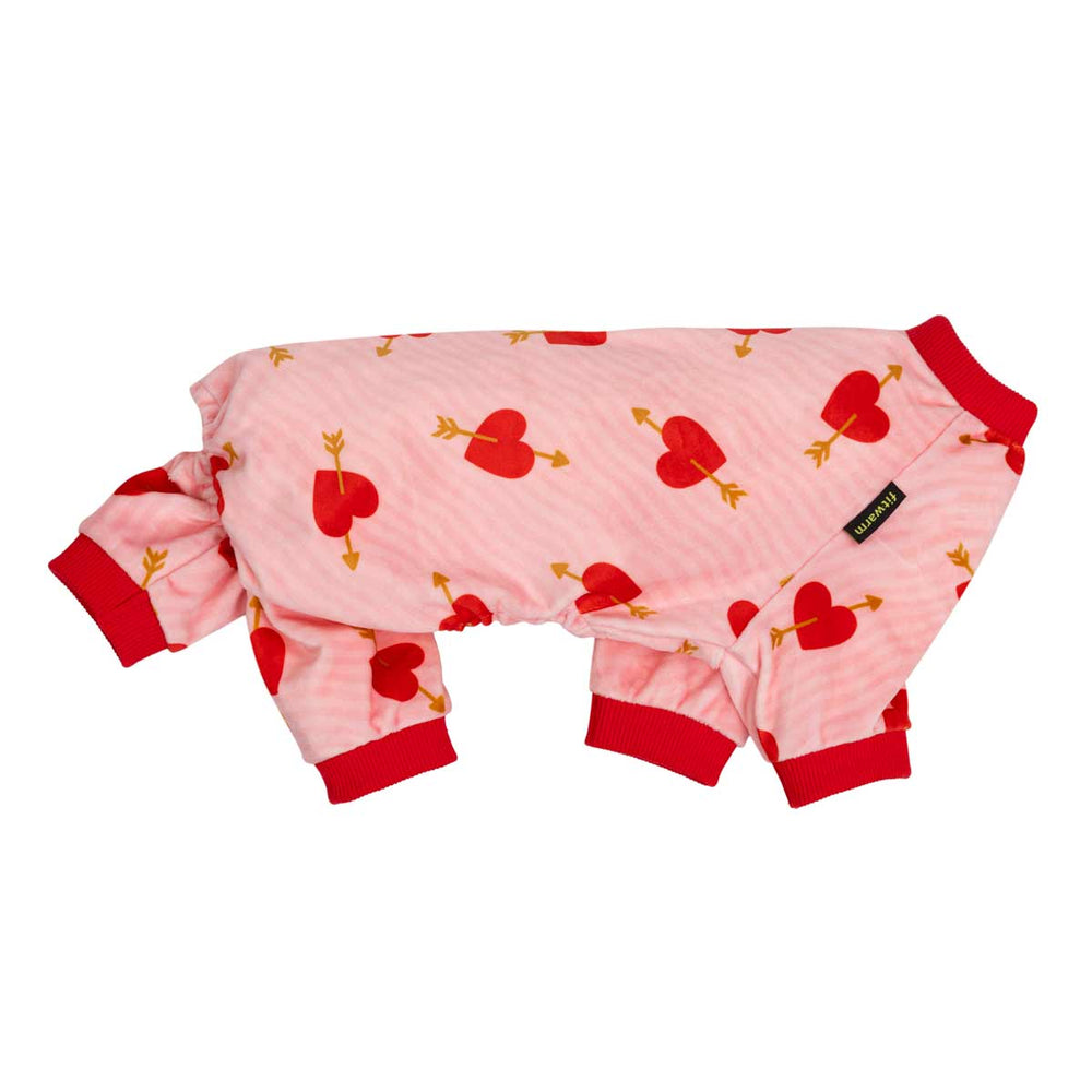 Romantic striped pajama for dogs with a red heart and gold arrow pattern, featuring red cuffs and a small black brand tag
