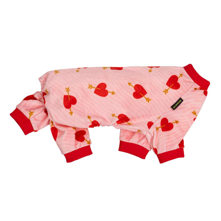 Romantic striped pajama for dogs with a red heart and gold arrow pattern, featuring red cuffs and a small black brand tag