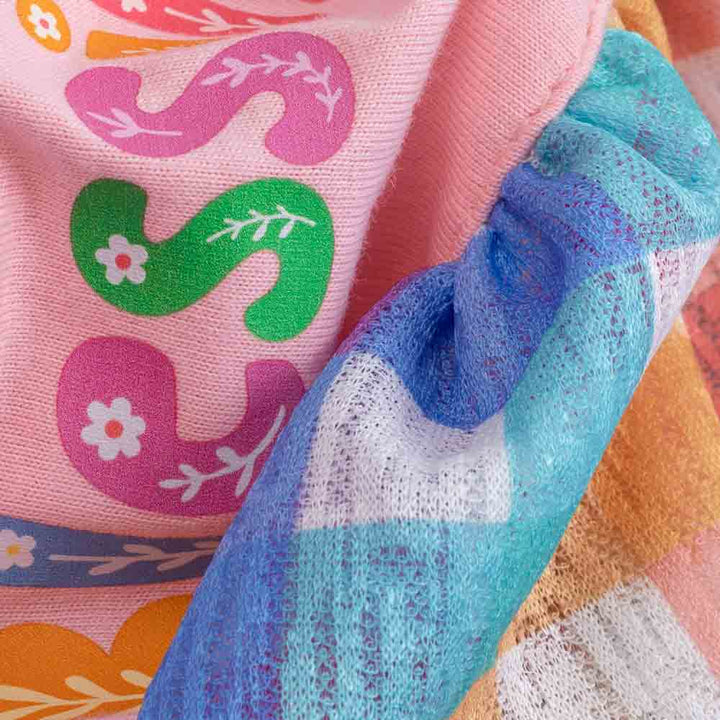 Close-up of the "Easter Blessing" text and colorful gingham ruffles on a dog dress.