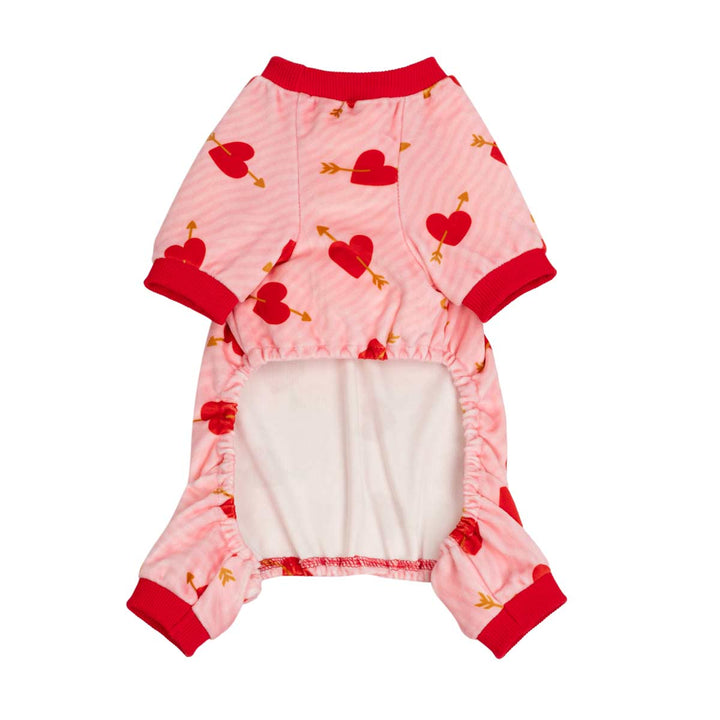 Pink and red dog fleece pajamas with a Valentine themed heart and arrow pattern, featuring a white fleece lining and red trim, shown against a plain white background