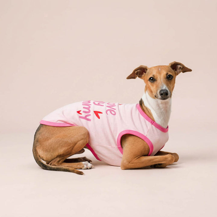 Pink dog shirt with 'I Love My Mommy' lettering and heart, worn by a small dog.