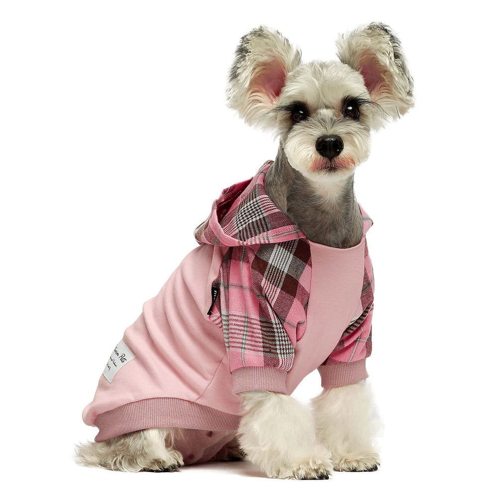 Dog in pastel pink hoodie with soft plaid arms and hood.