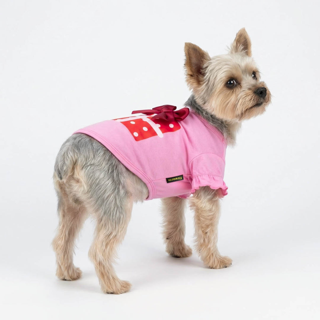 Pink dog shirt with gift box print, red bow & ruffled sleeves. Perfect birthday outfit.