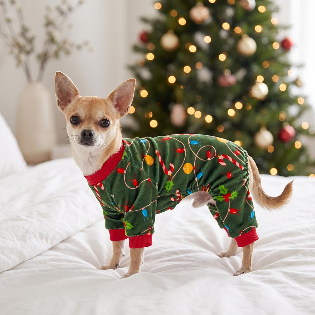 Chihuahua standing on the bed with a cozy Christmas dog pjs