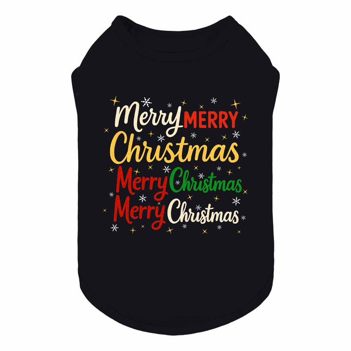 Black dog shirt with "Merry Christmas" text in festive colors and holiday accents