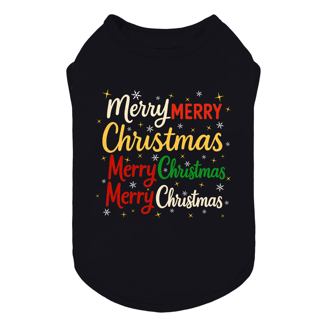 Festive black dog shirt with colorful “Merry Christmas” lettering and star accents.