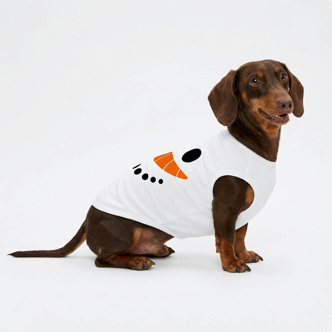 Dachshund wearing a white shirt  for ogs with a snowman design on a white background