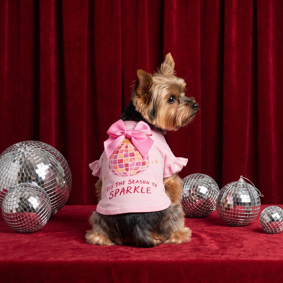 Small dog sits on a red velvet surface wearing a pink dog t shirt with a large pink bow and a disco ball graphic, with mirrored disco balls around it against a red curtain backdrop