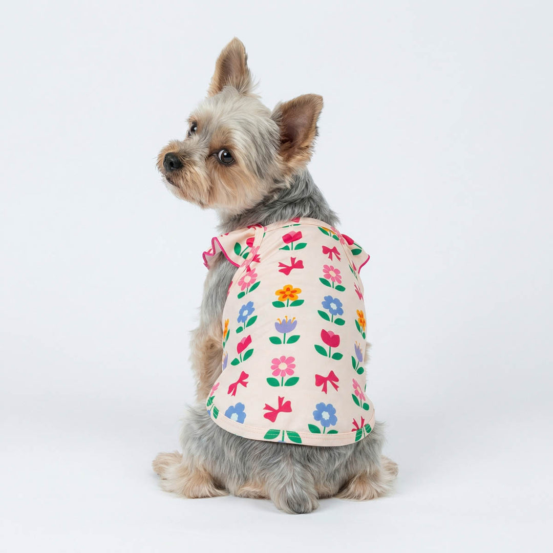 Back view of Yorkie wearing a ruffle dog shirt in adorable flower prints