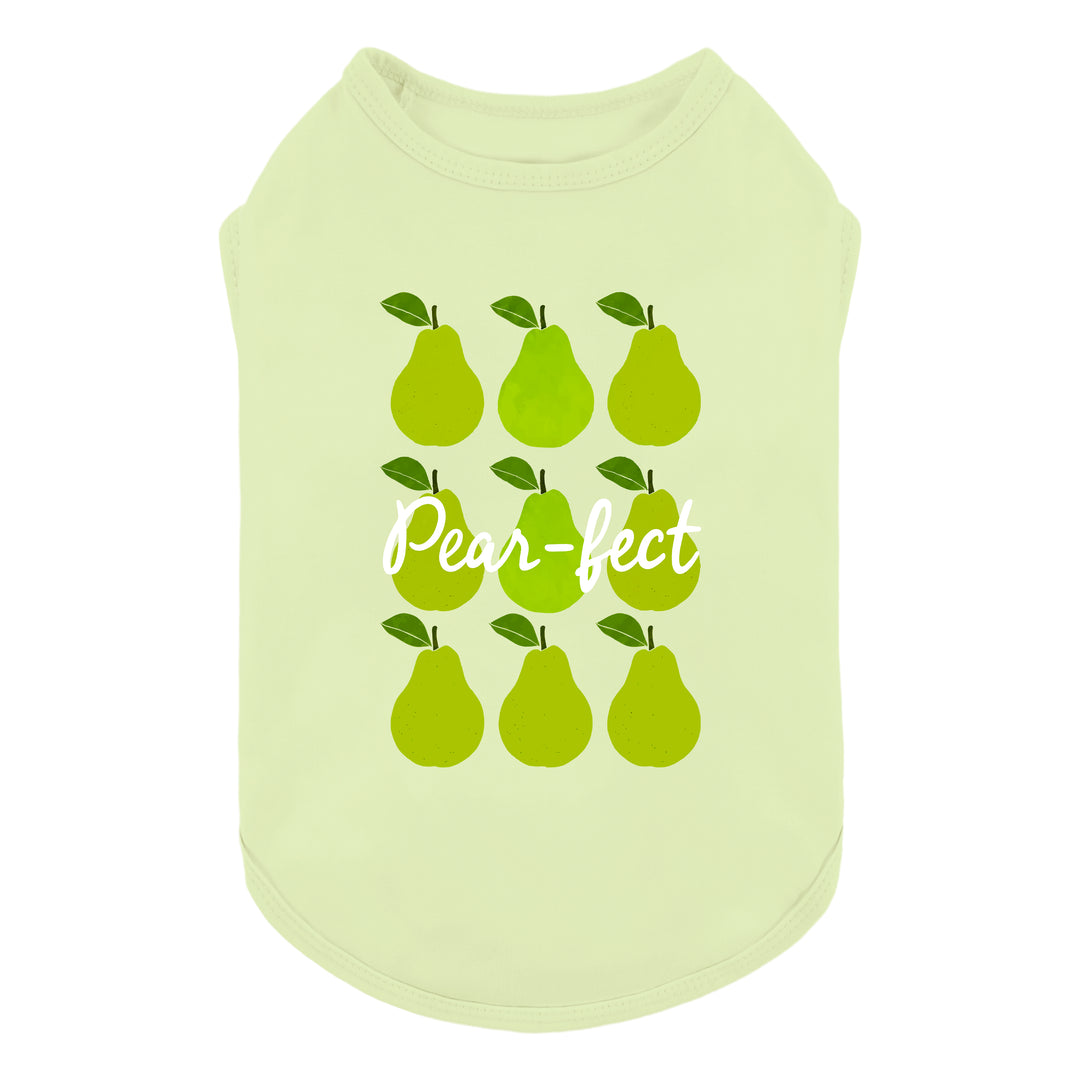 Light green dog tank top with pear design and 'Pear-fect' lettering on a white background