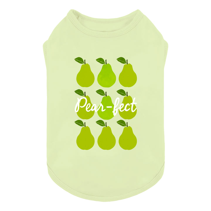 Light green dog tank top with pear design and 'Pear-fect' lettering on a white background