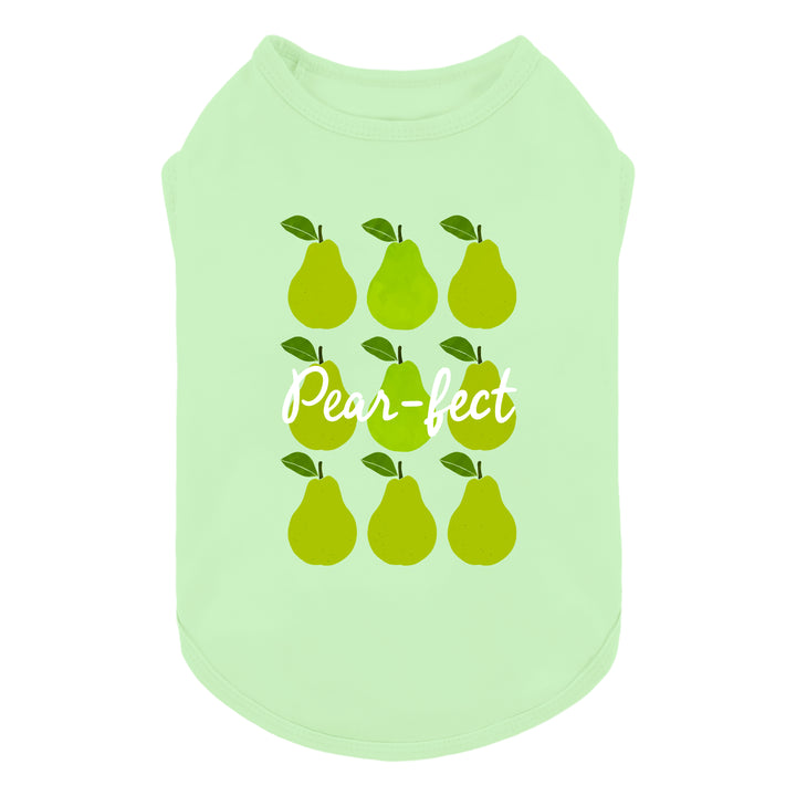 Light green dog tank top with pear design and 'Pear-fect' lettering on a white background