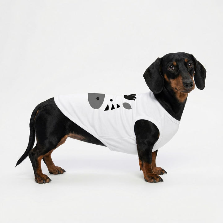 Dachshund wearing a dog tank top with a cute zebra face