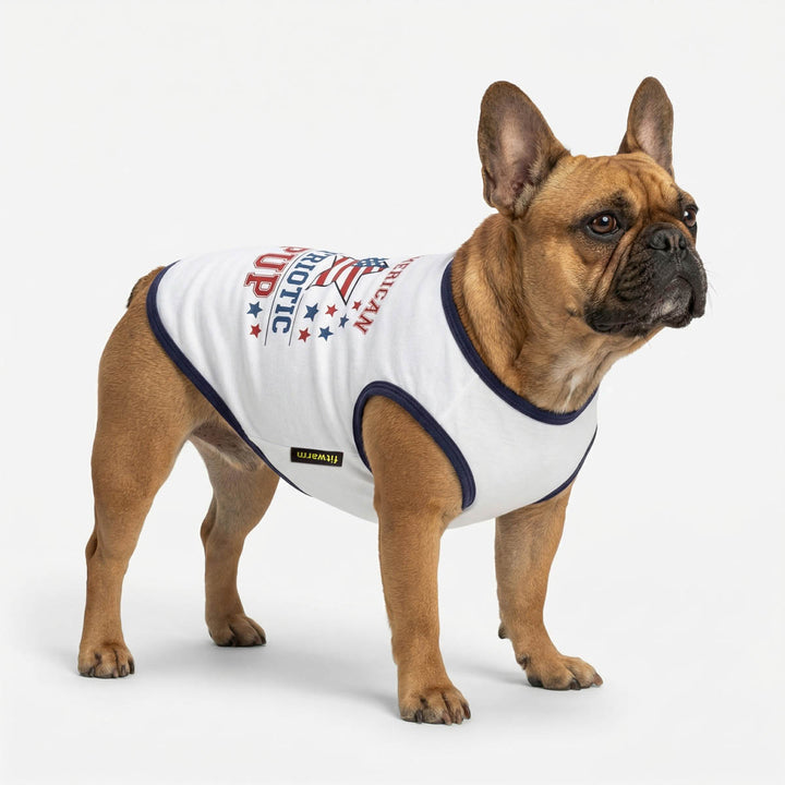 French Bulldog standing in a white background with a white 4th of July dog tank top