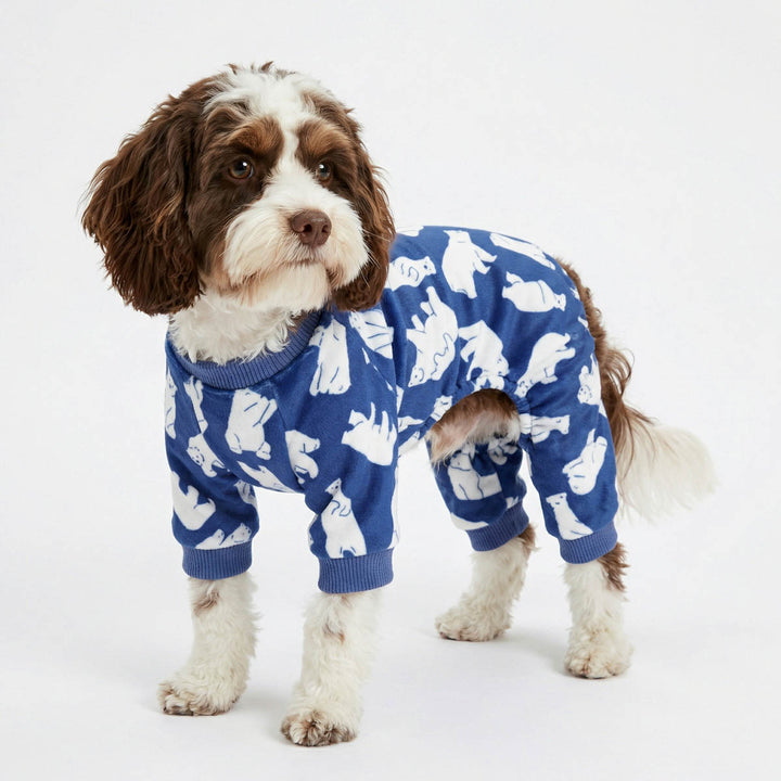 Polar bear dog pjs worn by small dog in studio setting