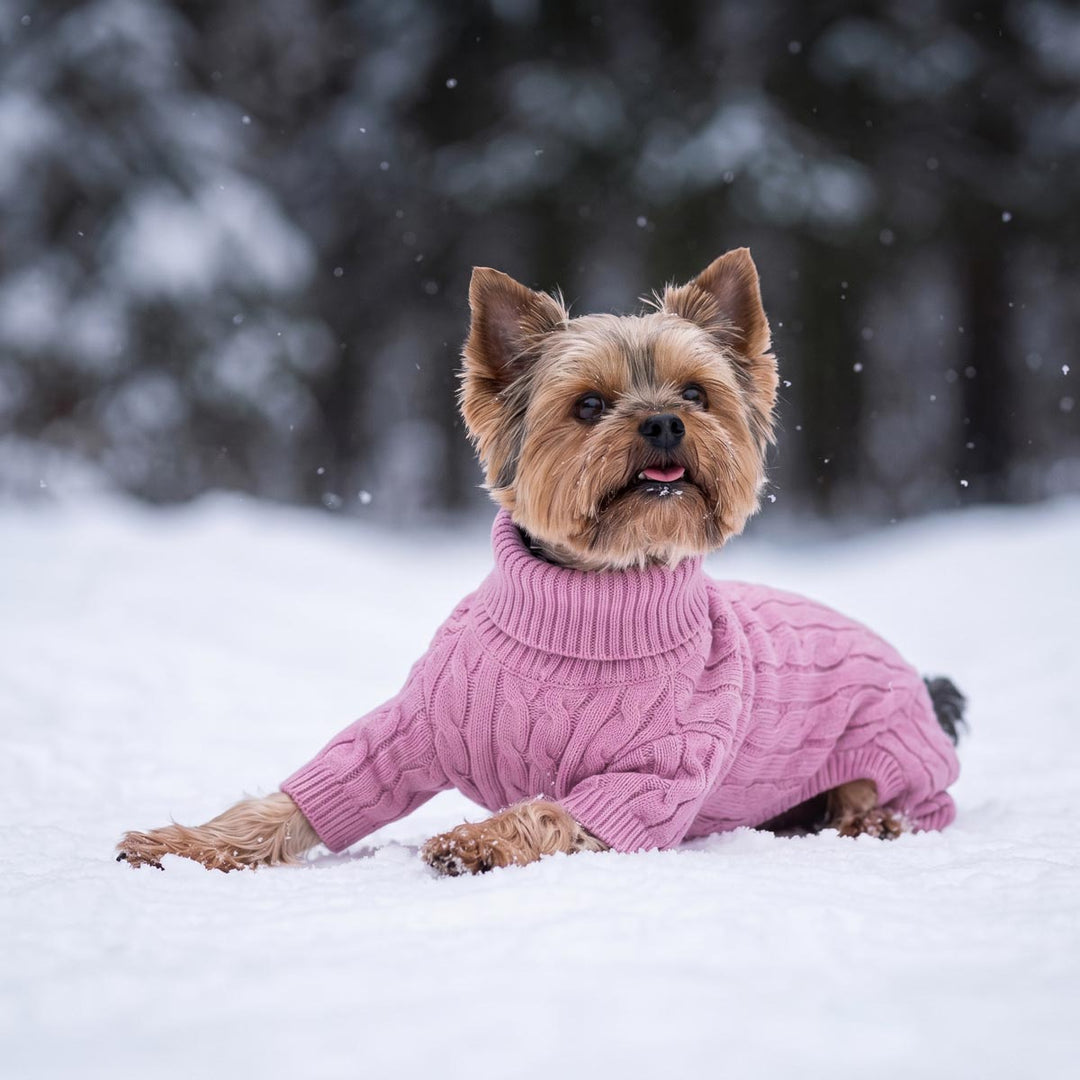 Yorkie lying on the snow and wearing a turtleneck knitted sweater for dogs