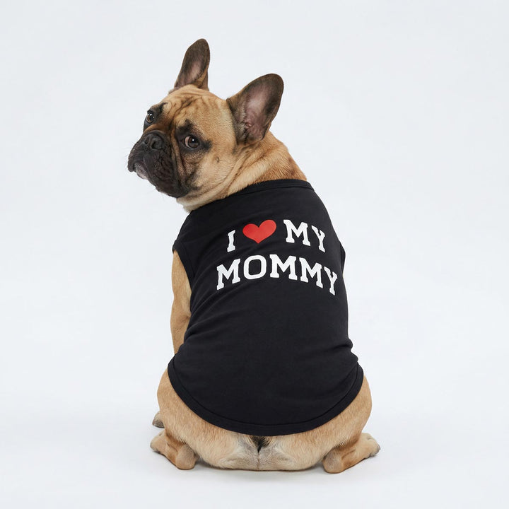 French Bulldog in a black dog tank top with sweet 'I love my mommy' lettering