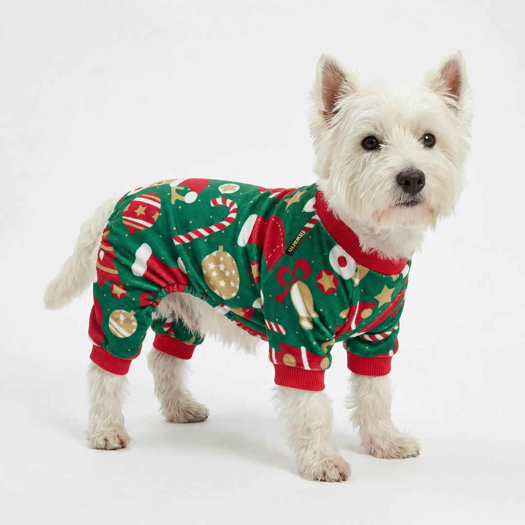 Westie wearing a Christmas themed prints dog pajamas