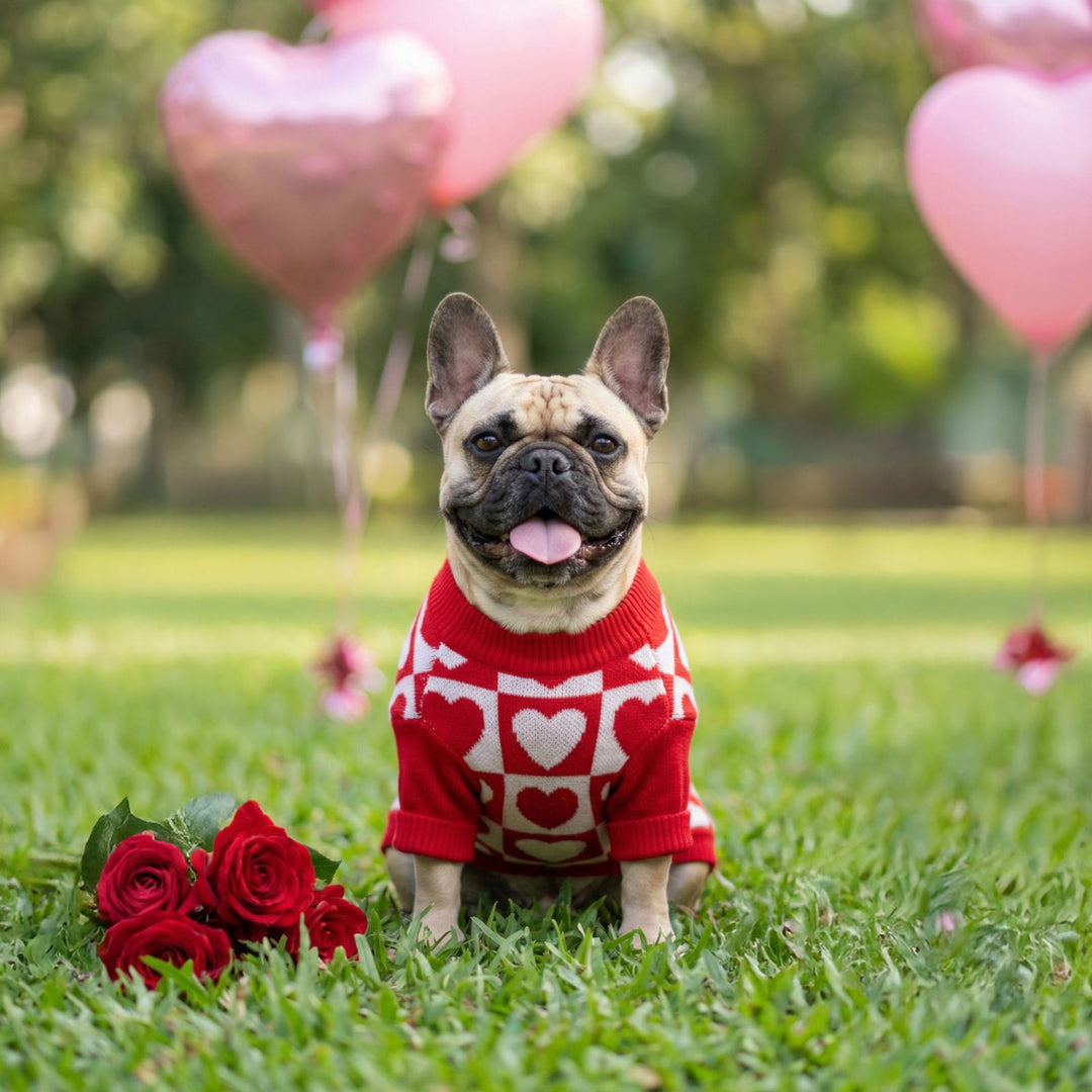 French Bulldog wearing a red sweater with heart patterns, surrounded by pink balloons and red roses on grass.