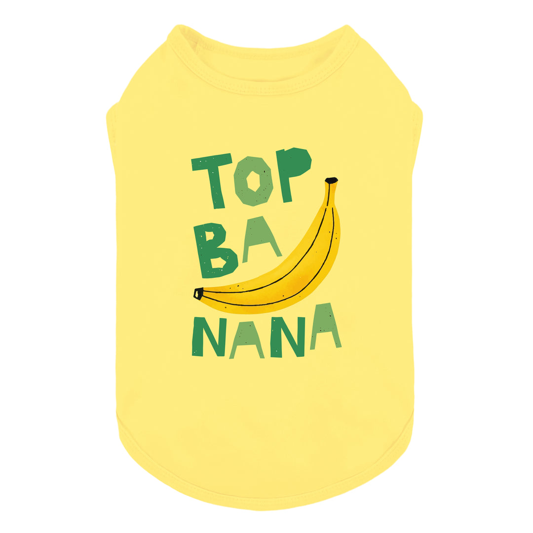 Yellow dog shirt with green 'Top Banana' lettering and banana graphic on a white background