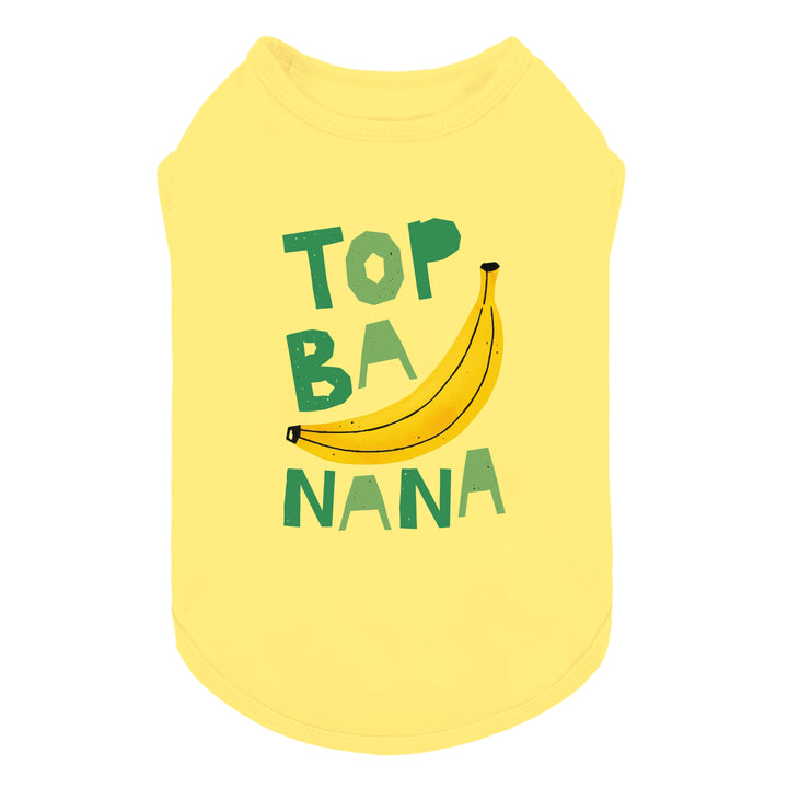 Yellow dog shirt with green 'Top Banana' lettering and banana graphic on a white background