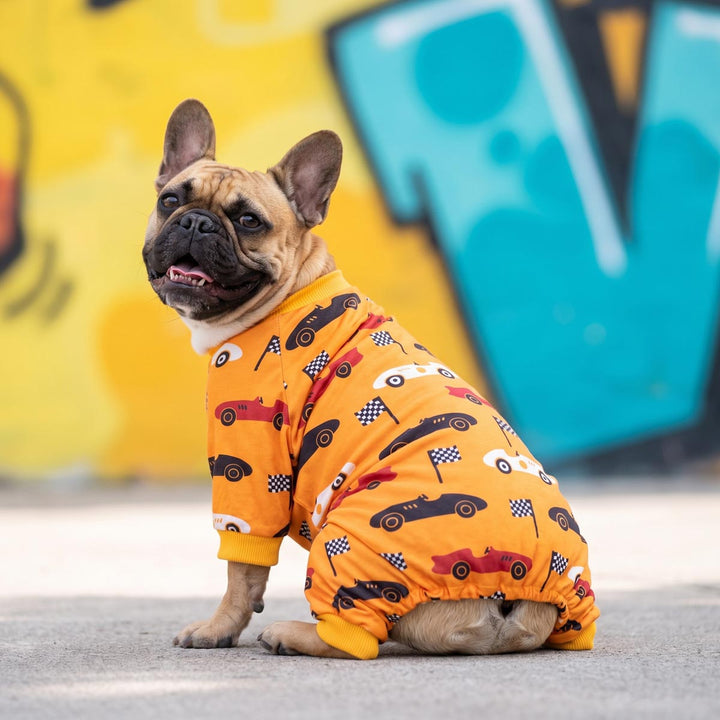 Fawn French Bulldog wearing a bright orange full-body dog onesie printed with cartoon race cars, sitting on a gray pavement in front of a colorful graffiti wall