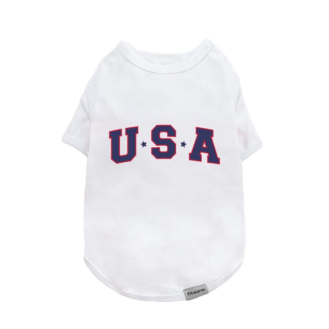 White Dog Shirt Featuring USA in Bold Red and Blue Letters with Stars - Fitwarm Dog Clothes