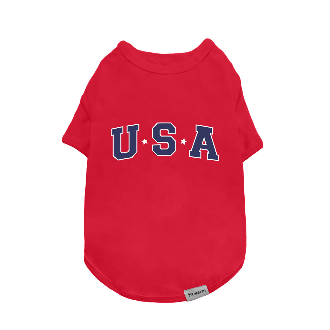 Red Dog Shirt with USA in Bold Navy Blue Letters and White Stars - Fitwarm Dog Clothes
