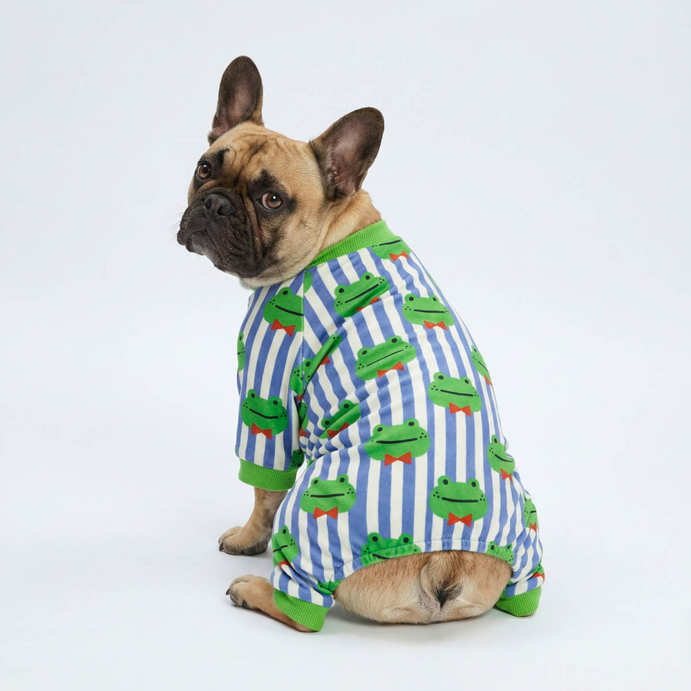 Back View of French Bulldog wearing a cozy dog pajamas with frog prints