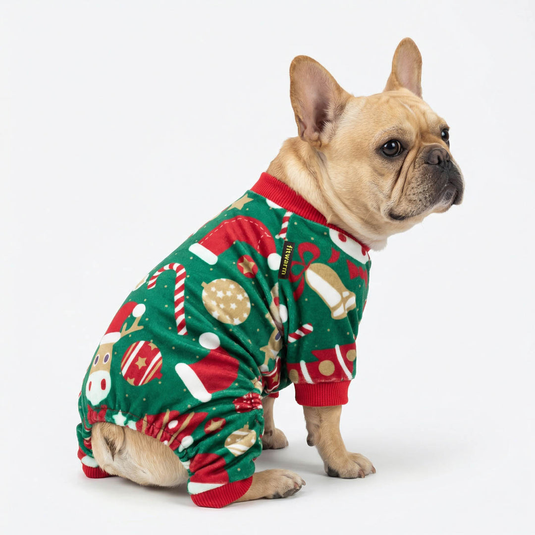 Side view of a French Bulldog in a Christmas pajamas for dogs with funny prints