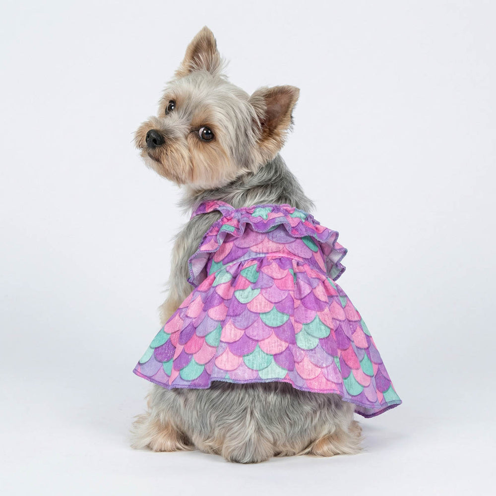 Yorkie wearing a purple mermaid ruffle dress for dogs 