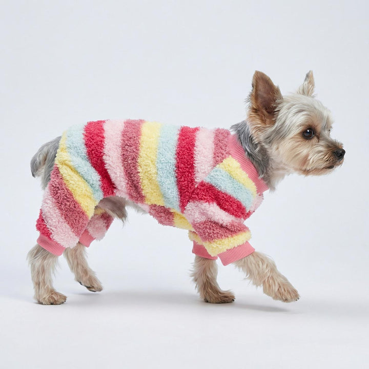 Plush striped dog onesie worn by small Yorkie