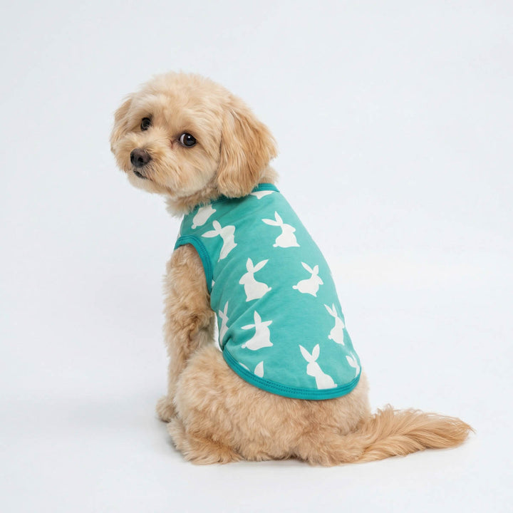Dog modeling Easter dog tank top featuring white bunny pattern