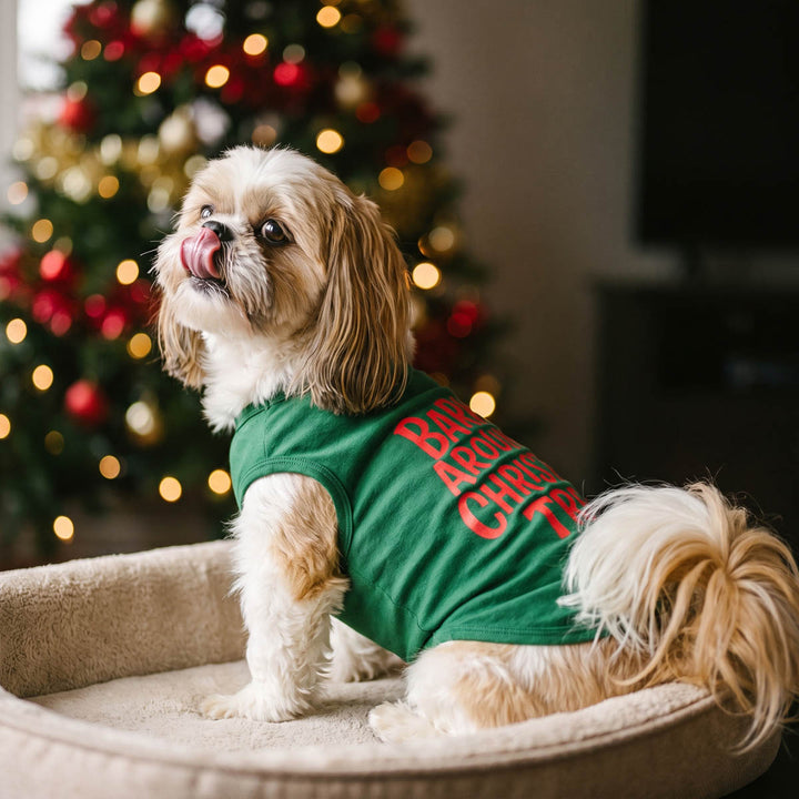 Small Shih Tzu dog wearing a green Christmas shirt for dogs with red text sits in a beige pet bed in front of a blurred Christmas tree with warm lights