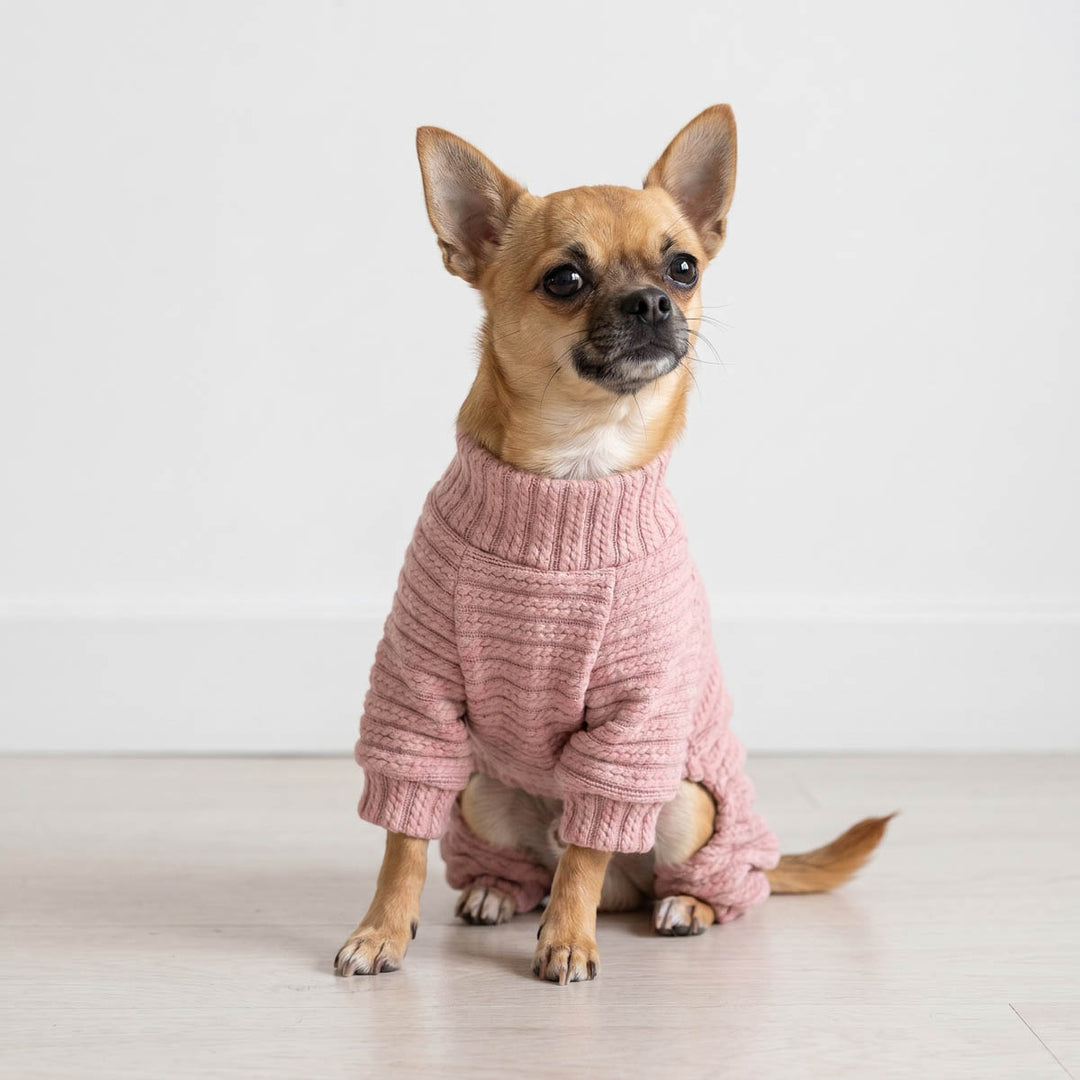 Small dog wearing a pink knitted dog pjs on a light wooden floor with a white background