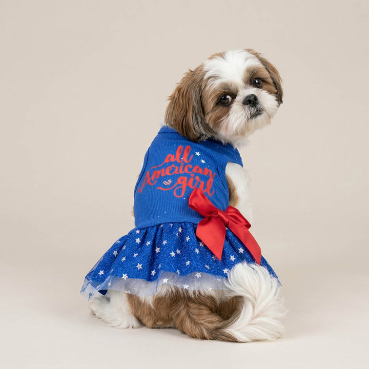 Back view of a small dog wearing a 4th of July dress for dogs with 'All American girl' lettering