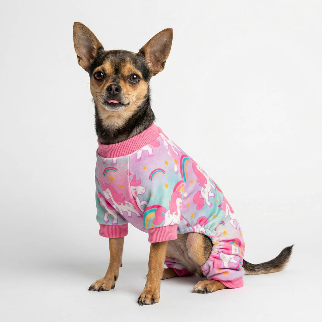 Small dog sitting in unicorn dog pjs featuring soft pastel tones and unicorn pattern