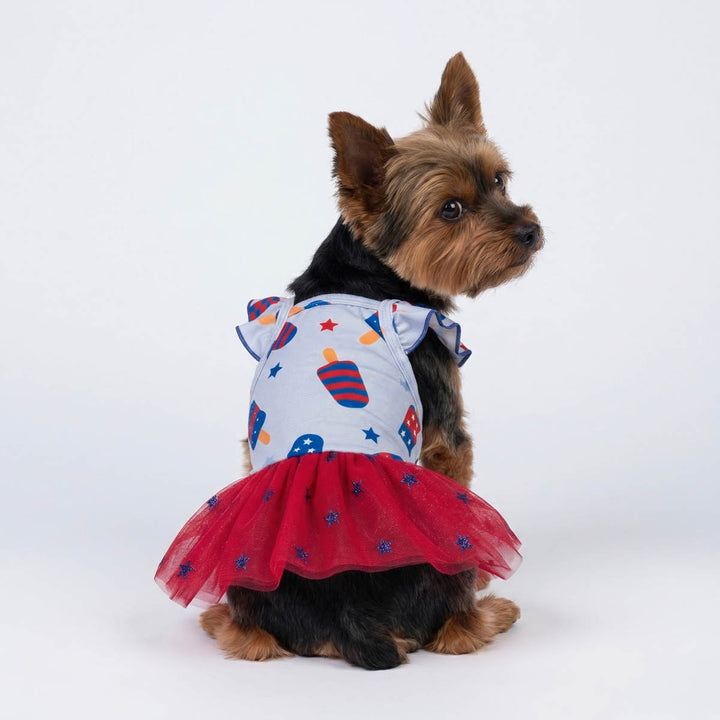 Back view of Yorkie wearing patriotic dog tutu dress with ice pop prints
