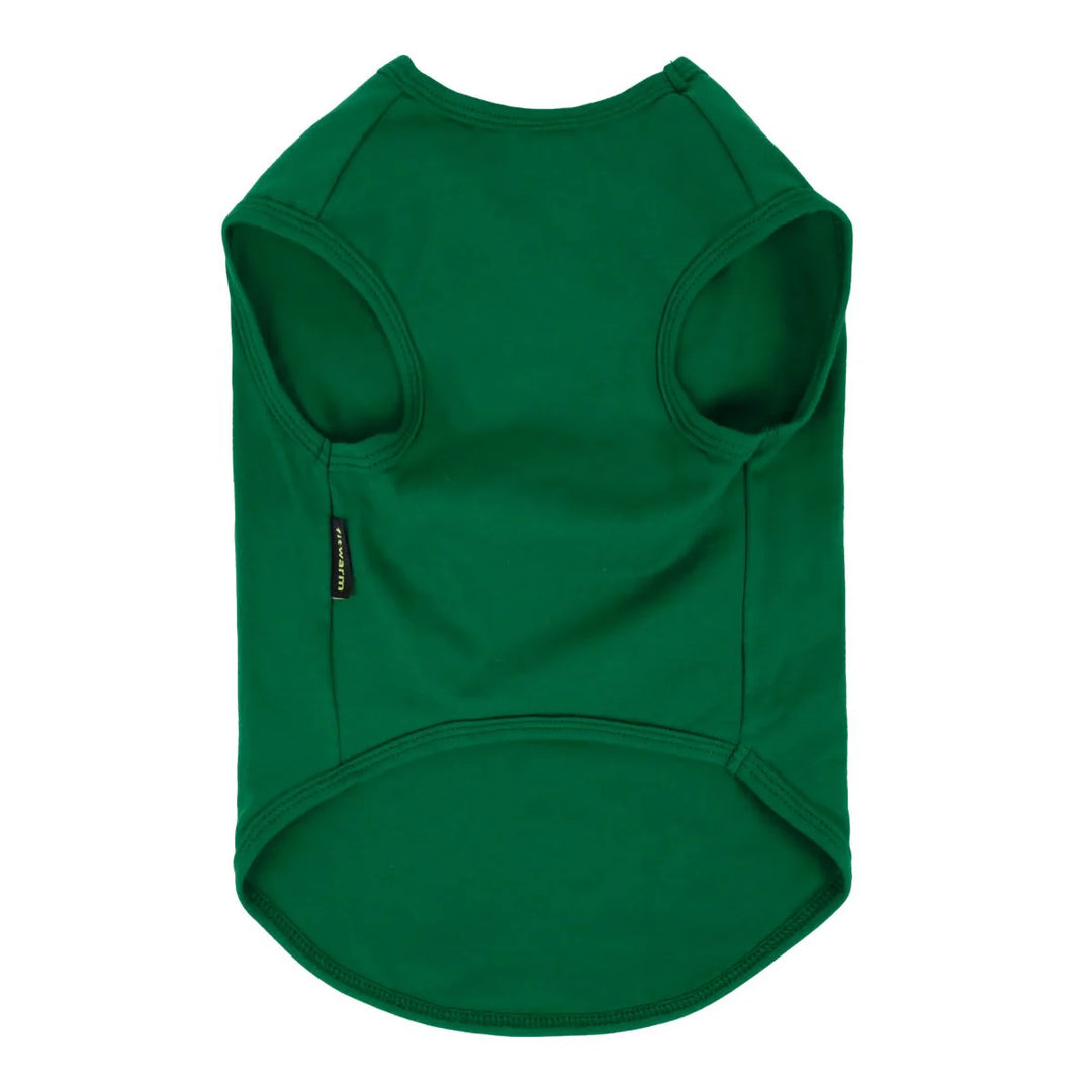 Back view of plain green dog shirt made from soft, breathable cotton fabric.