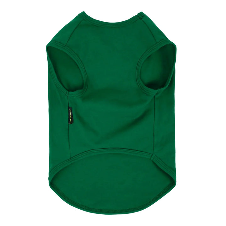 Back view of plain green dog shirt made from soft, breathable cotton fabric.