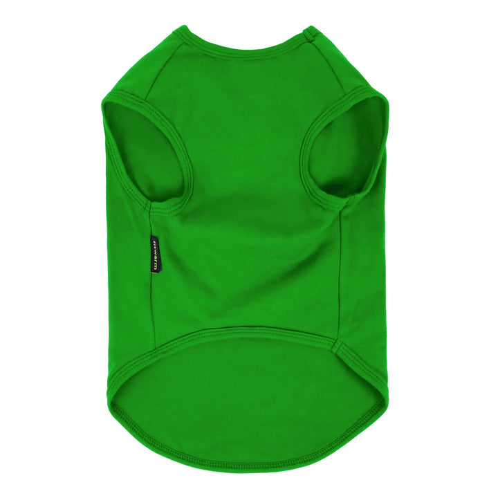 Back view of solid green dog shirt showing clean stitching and comfortable sleeveless cut.