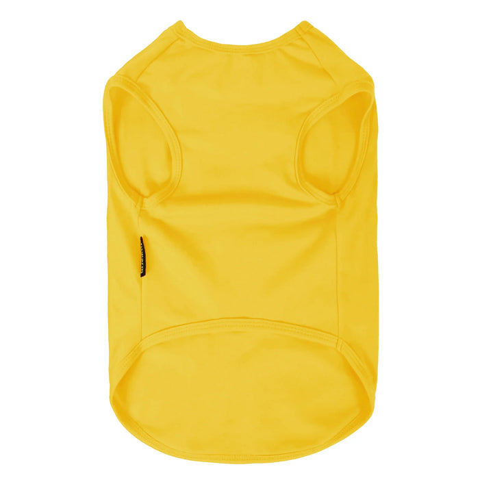 Solid yellow sleeveless dog shirt showing clean back design and smooth edges for everyday comfort