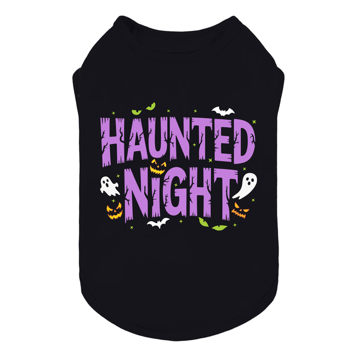 Black dog shirt with purple "Haunted Night" lettering, ghost, pumpkin, bat, and glowing eyes Halloween design.