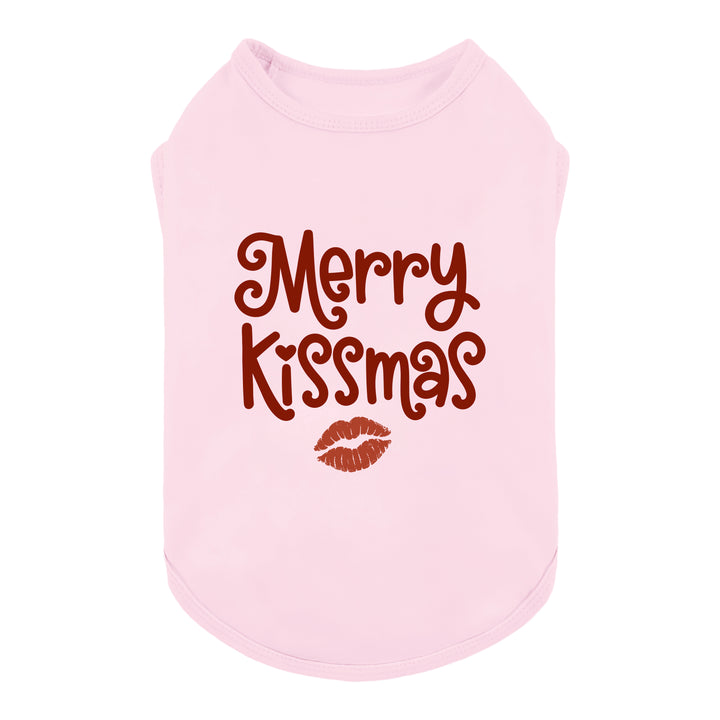 Pink dog tank top with 'Merry Kissmas' lettering and lipstick pirnt