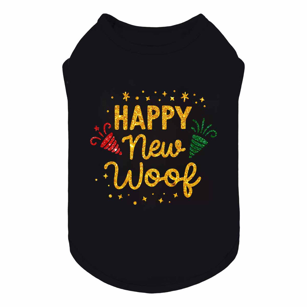 Black dog shirt featuring a festive ‘Happy New Woof’ glitter-style graphic with colorful party icons.