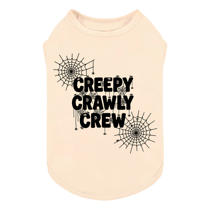 Beige dog Halloween shirt with 'Creepy Crawly Crew' text and spider web designs on a white background
