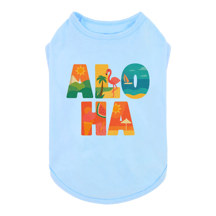 Light blue dog shirt with colorful 'ALOHA' design on a white background