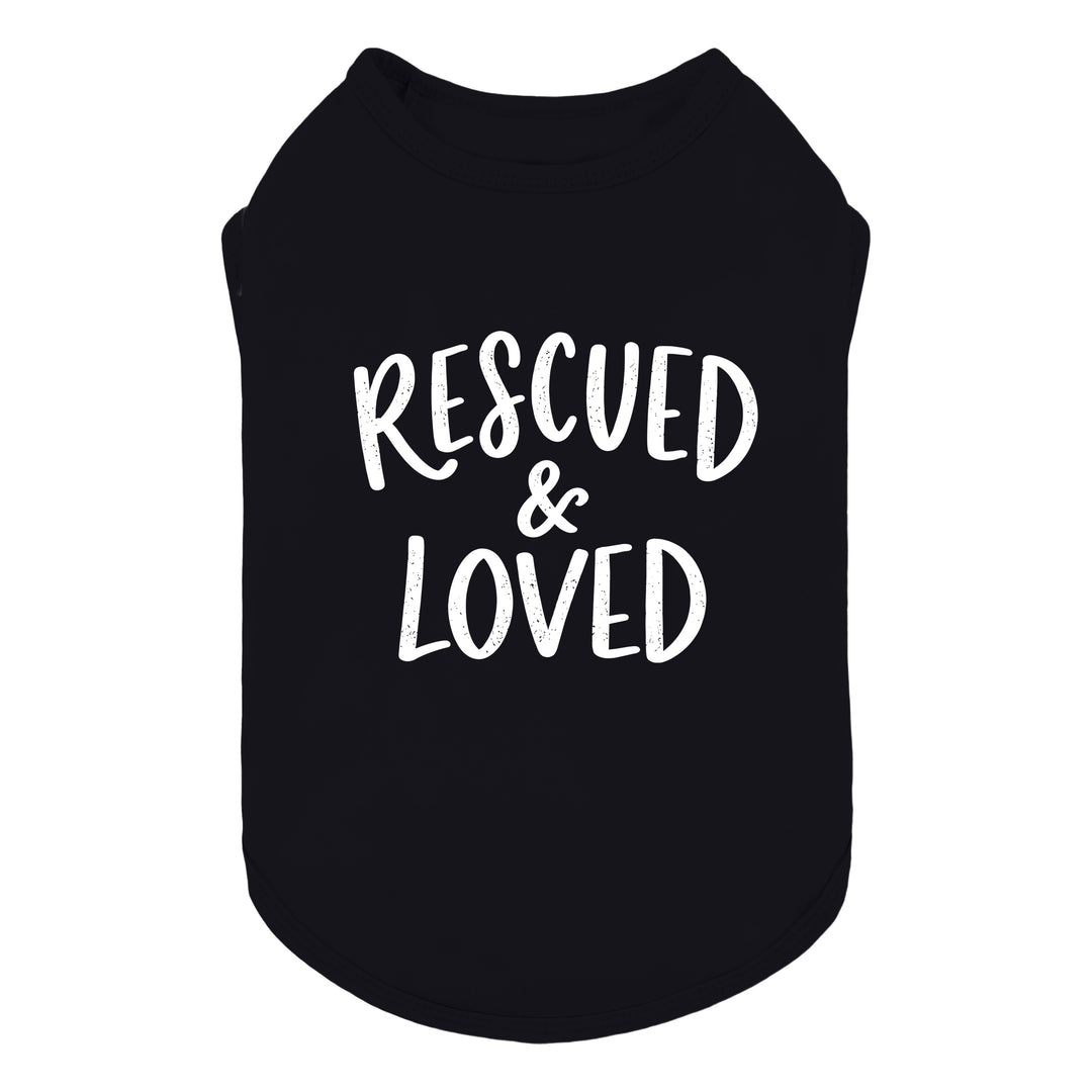 Black dog tank top with the lettering 'RESCUED & LOVED' printed in white across the front, shown on a plain white background
