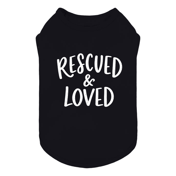Black dog tank top with the lettering 'RESCUED & LOVED' printed in white across the front, shown on a plain white background